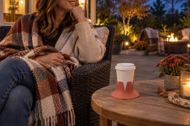A takeaway coffee in Terracotta Steadi on a cool side table beside a seated guest. AI lifestyle illustration.