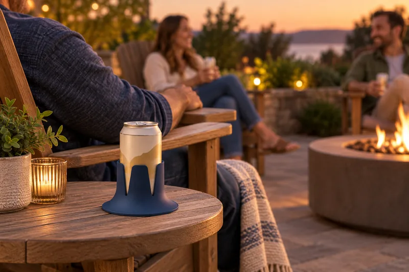 Navy Steadi on a separate side table beside an Adirondack chair. AI lifestyle illustration.