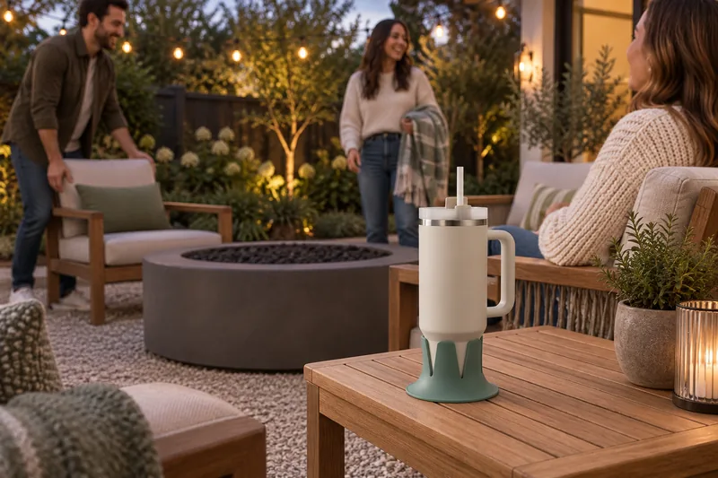 Sage Steadi with a water tumbler on a side table as friends prepare outdoor seating. AI lifestyle illustration.