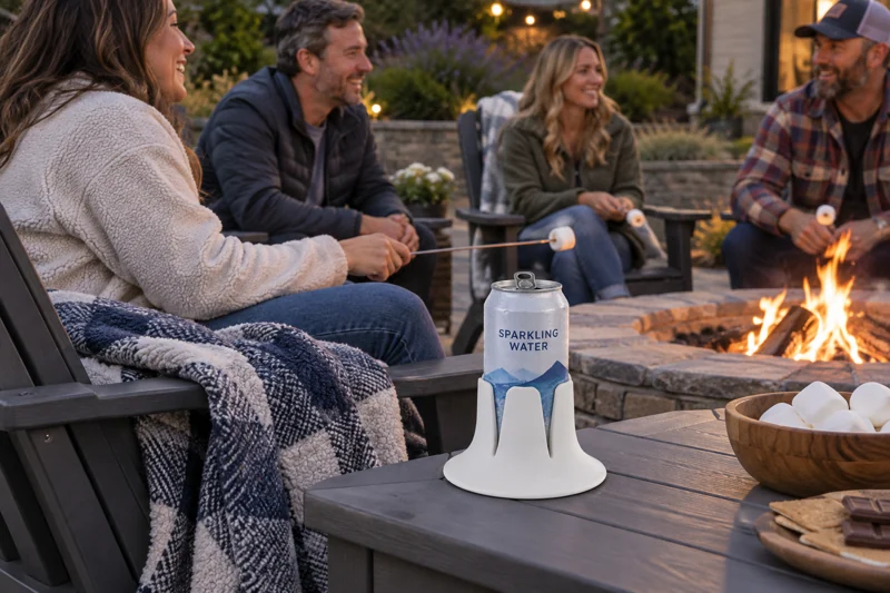 Adults talking around a backyard firepit with opened sparkling-water can in Steadi on broad flat chair-side table within seated reach near firepit. AI illustration.